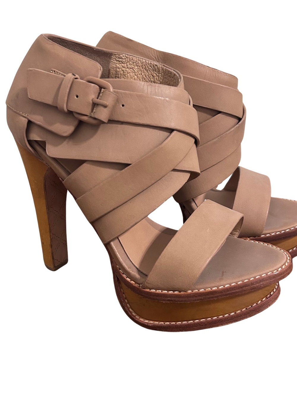L.A.M.B. Anika Tan Leather Strap Buckle Wood Platform Heel Sandals Stefani Sz 8